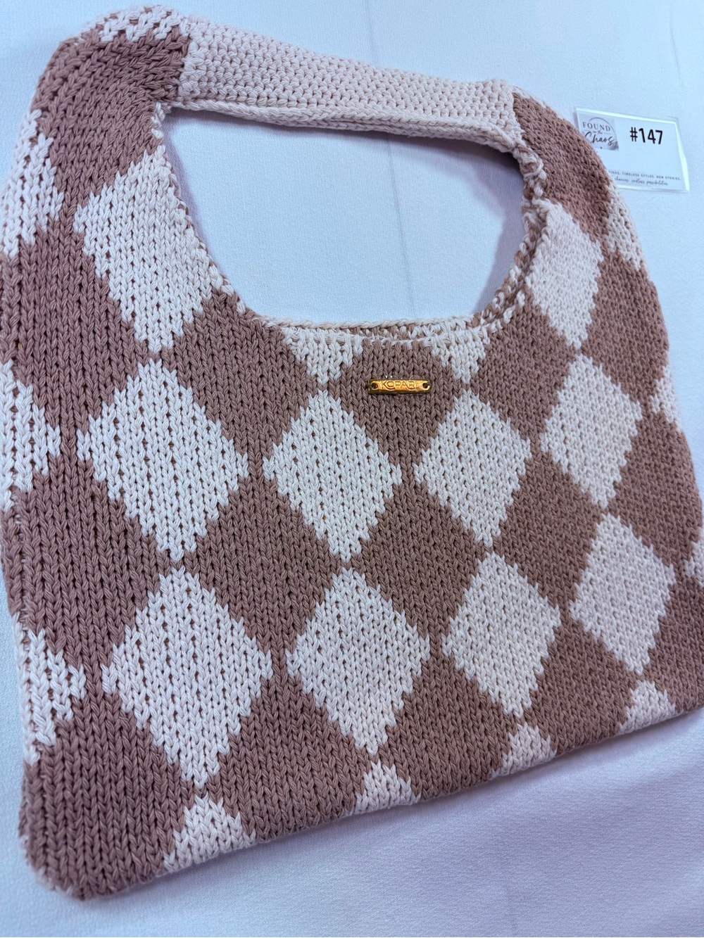 NWOT Kopari Beige & Cream Knit Shoulder Bag with Gold Logo
